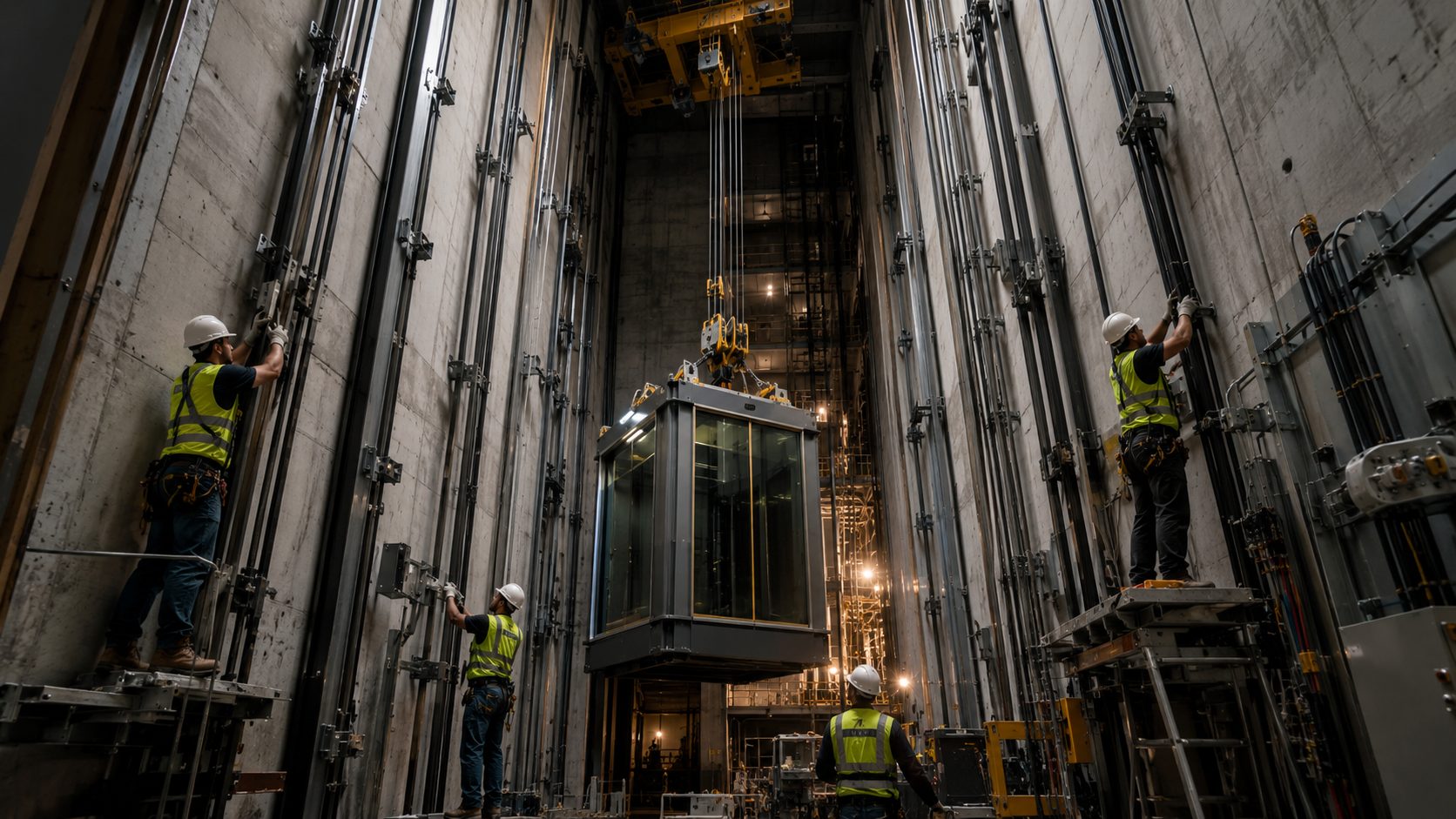 Equipe Elevatron instalando elevador em obra